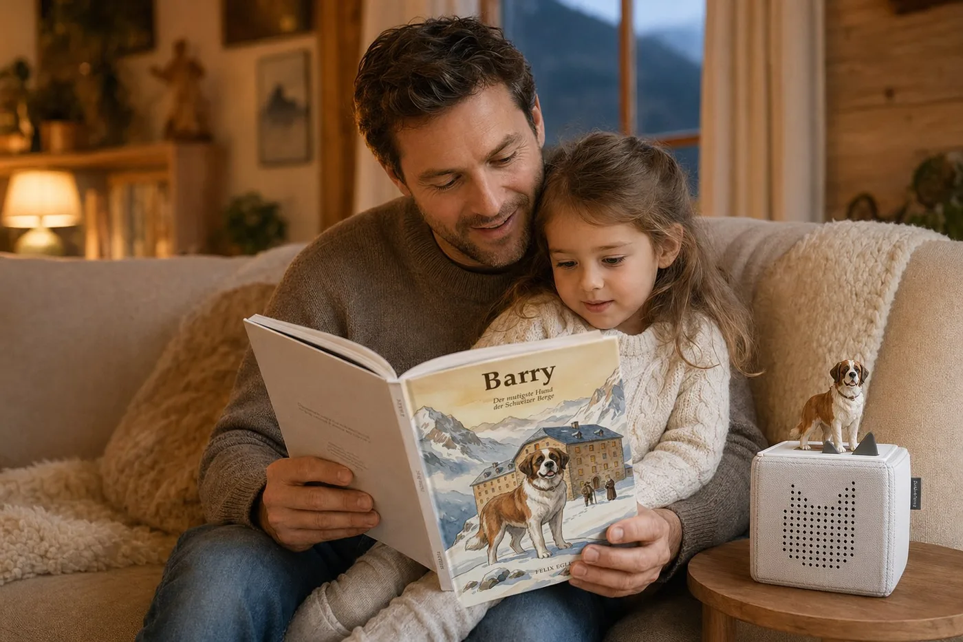 Vater und Kind beim Vorlesen des Barry-Buches
